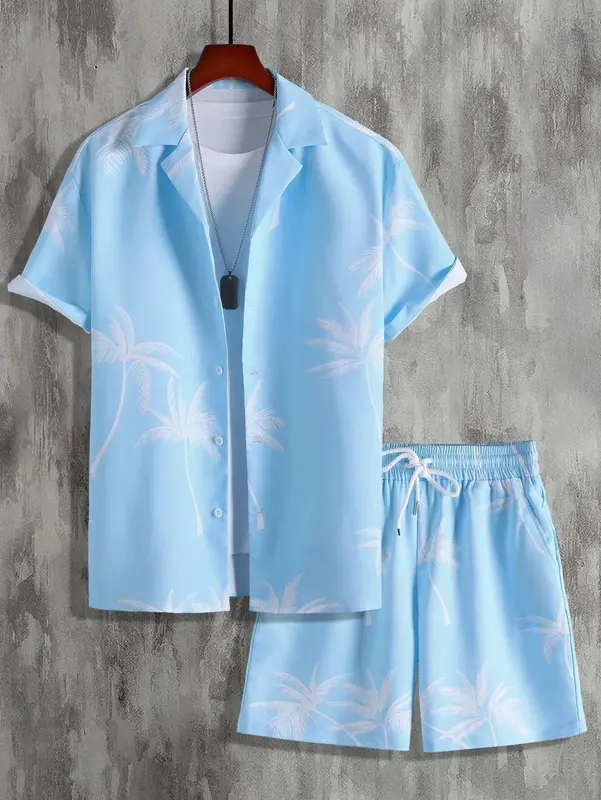 Conjunto de camisa de manga corta con estampado 3d de árbol de Coco para hombre, traje Hawaiano de gran tamaño, camisa informal a cuadros, pantalones cortos de playa, ropa de calle