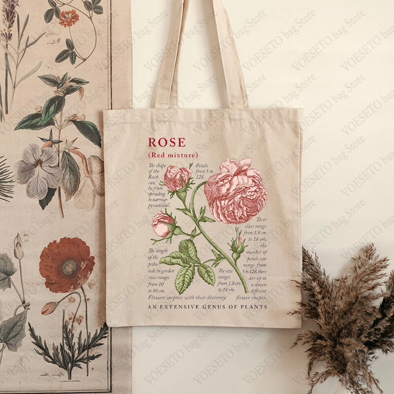 Rose Floral Tote Bag Cute Botanical Print Canvas Totes Flowers Reusable Shoulder Bags Back To School Gift Canvas Shopping Bags