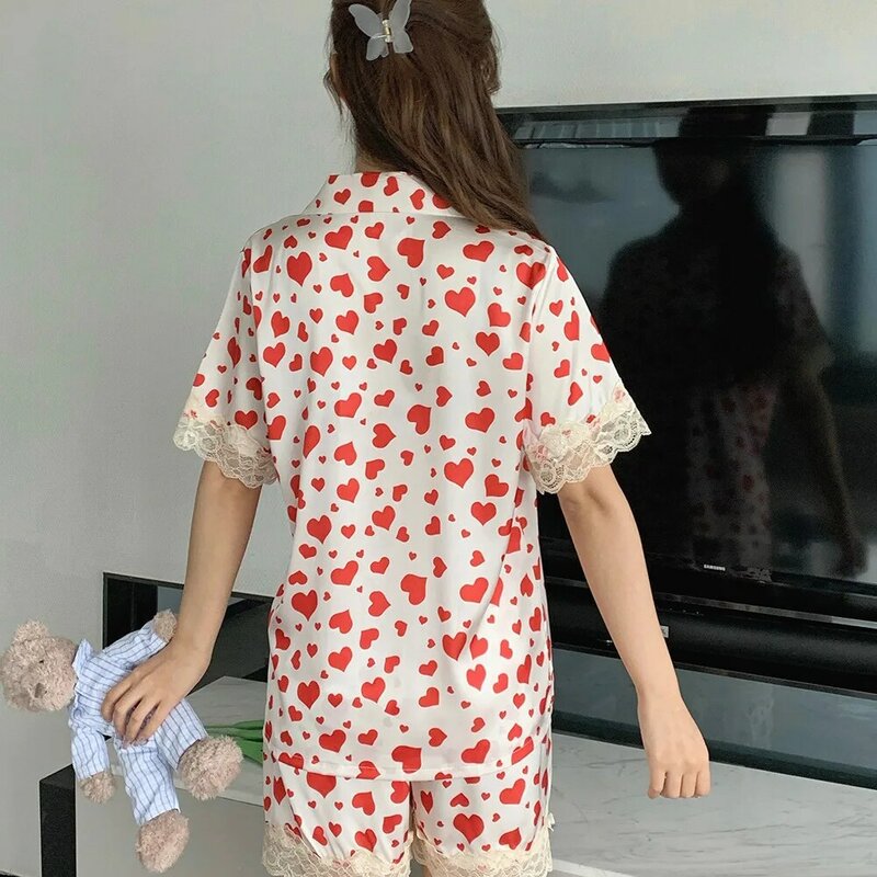 Модная Пижама с лацканами, домашняя одежда, женская летняя рубашка с кружевным подолом и короткими рукавами, шорты, домашняя одежда из двух предметов, одежда для сна, атласная ночная рубашка