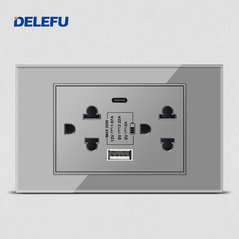 Delefu/Thailand/Eu Standaard 118X74Mm Stopcontact, Grey Gehard Glasplaat Usb C Oplaadaansluiting, 15a Wandlichtschakelaar, 5