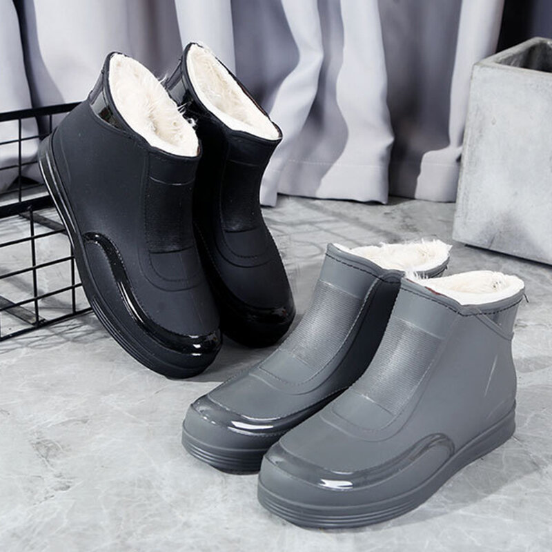 Summer Waterproof Women's Short Rain Boots Shoes Non-Slip Low Top PVC Water Shoes Thick Sole Thickened Cotton Warm Rain Boots