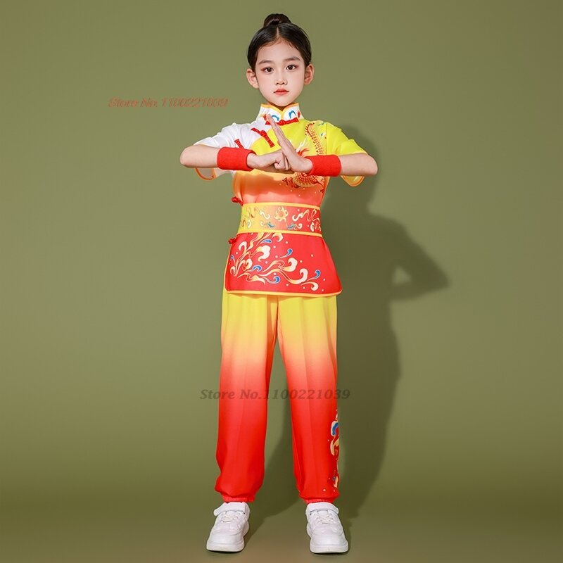 2024 chinese children wushu shaolin uniform national dragon print wushu kung fu clothing martial arts training exercise practice