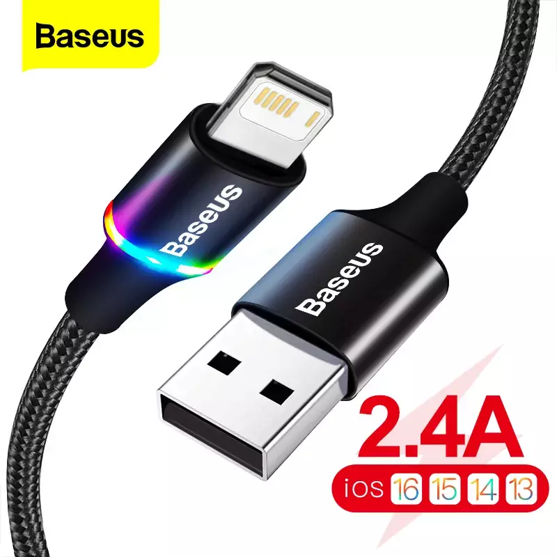 USB-кабель Baseus светодиодный для iPhone 13/12/11 Pro/Xs Max/X/Xr/8/7/6