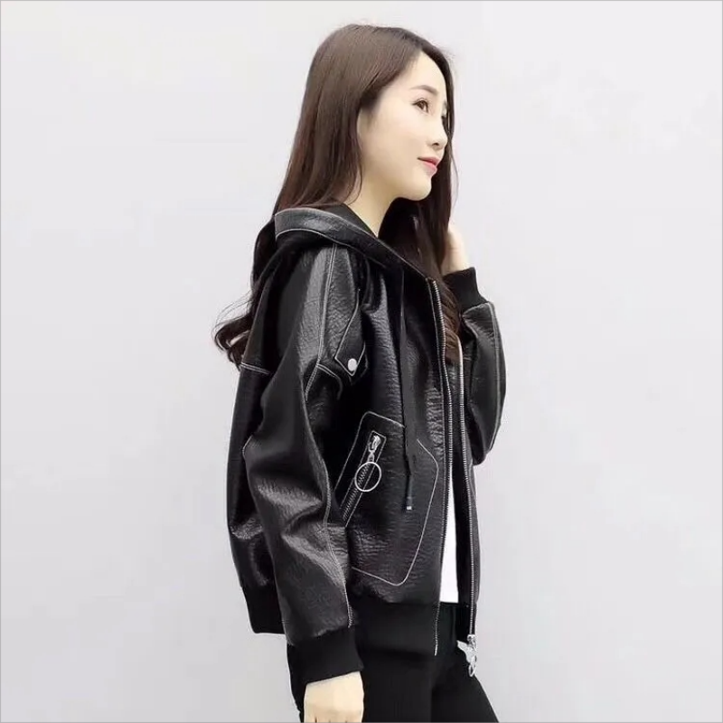 Hooded PU Leather Jacket Women Long Sleeve Loose Black Zipper Jackets Coat 2023 Autumn Winter New