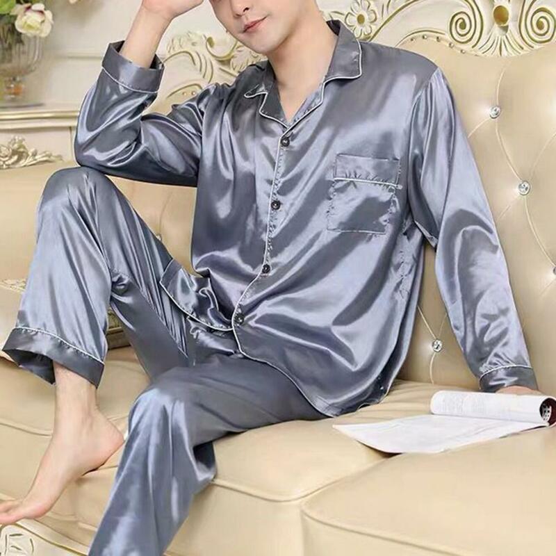 2 Pcs Men Pajamas Set Satin Lapel Long Sleeve Single-breasted Elastic Waist Men Homewear Shirt Pants Set Fall Spring Sleepwear