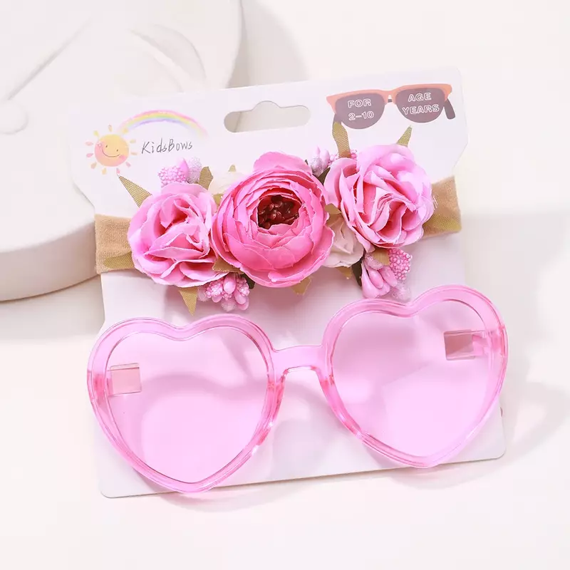 2Pcs/Set Vintage Artificial Flower Headband Sunglasses Set for Kids Girls Geometry Protective Glasses Headwear Hair Accessories