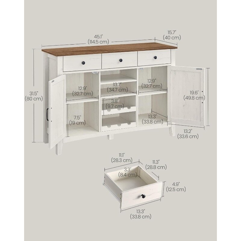 VASAGLE Farmhouse Buffet Cabinet with Detachable Wine Rack, Sideboard Cabinet with Drawers and Doors, Adjustable Shelves