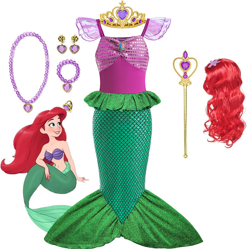 Disney Little Mermaid Princess Costume para meninas, Ariel Dress for Kids, Cosplay Clothes for Children, Carnaval, Birthday Party