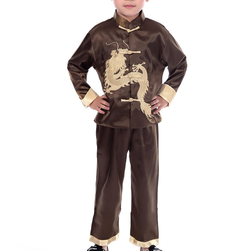 Terno de cetim tang infantil, bordado vintage, roupas Dragon Kong Fu, colarinho chinês mandarim, camisa e calças casuais, 2PCs