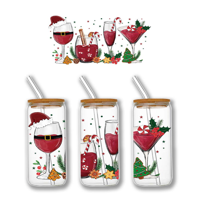 UV DTF Transfer Stickers Christmas Themed Libbey Cup Wrap Iron For Glass 16oz Can
