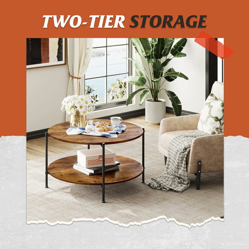 Runder Couch tisch, Wohnzimmer tisch mit 2-stufigem Ablage fach, moderner 32-Zoll-Holz-Couchtisch mit Metallrahmen und Holz-Desktop