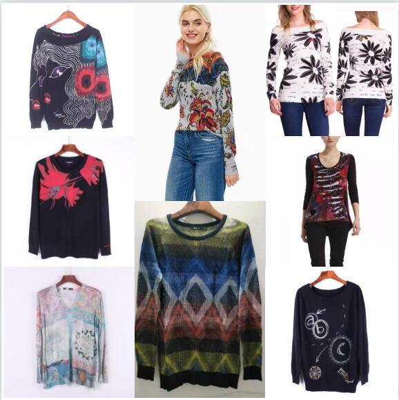 Foreign Trade Original Order Spain  New Women's Sweater Printed Embroidery Slim Fit Thin Knitted Bottom Long Sleeve Pull