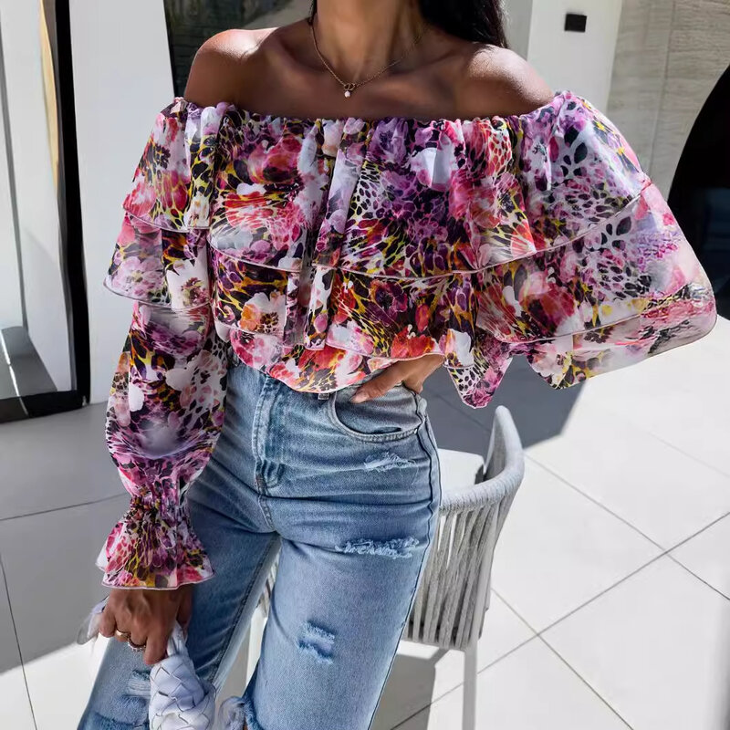 Print Blouse For Women Long Sleeve Sexy One-piece Collar Female Ruffle Blouses Spring Autumn Holiday Casual Style Tops Blusas