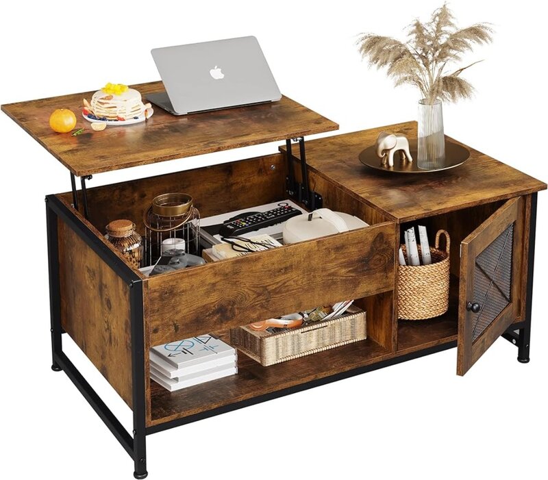 Подъемный кофейный столик WLIVE с хранилищем, скрытым отсеком и открытой полкой, бытовой шкаф с металлической сеткой