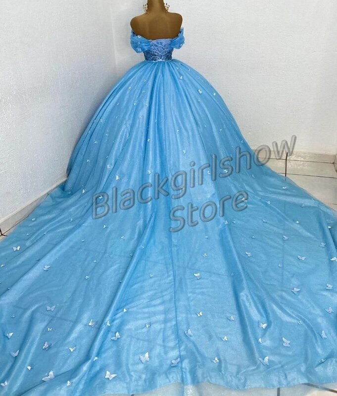 Gaun putri Sky Blue Quinceanera 2024 kapel kereta satu bahu appliqé manik-manik dongeng manis 16 gaun svestidos verano moda