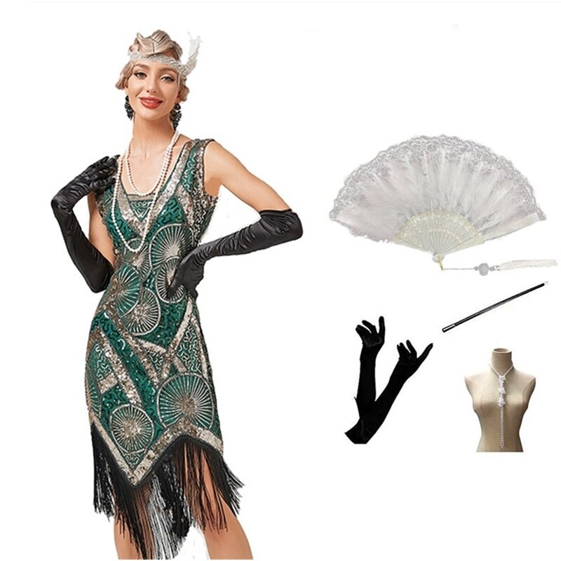 Vestido feminino sem mangas com decote em v, vestido de noite vintage, sexy vestido de borla, moda dos anos 1920, novo