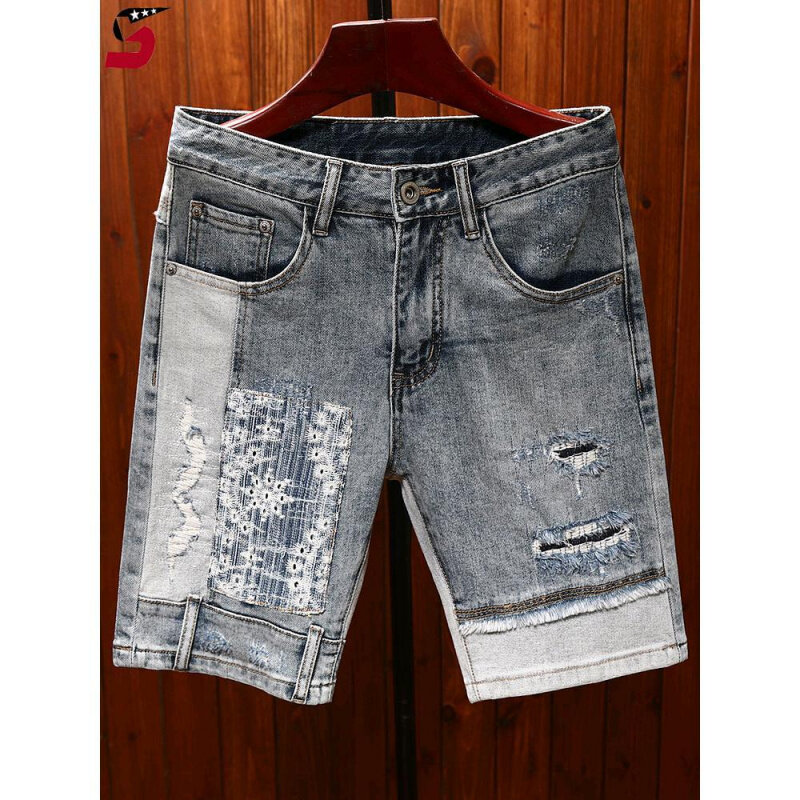 Summer high-end trendy brand denim shorts for men fashion with five point Stretch Straight fit and trendy outerwear horse pants