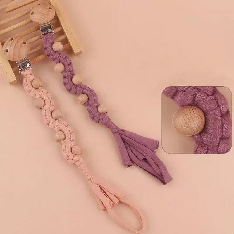Clip per ciuccio a catena Anti-goccia con perline di legno per bambini clip per ciuccio in tessuto di cotone intrecciato a mano per placare i capezzoli per neonati