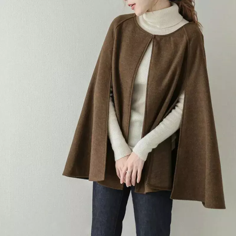 Mantel penahan angin wanita, mantel kardigan gesper kasual wol kombinasi modis Streetwear kulit warna Solid