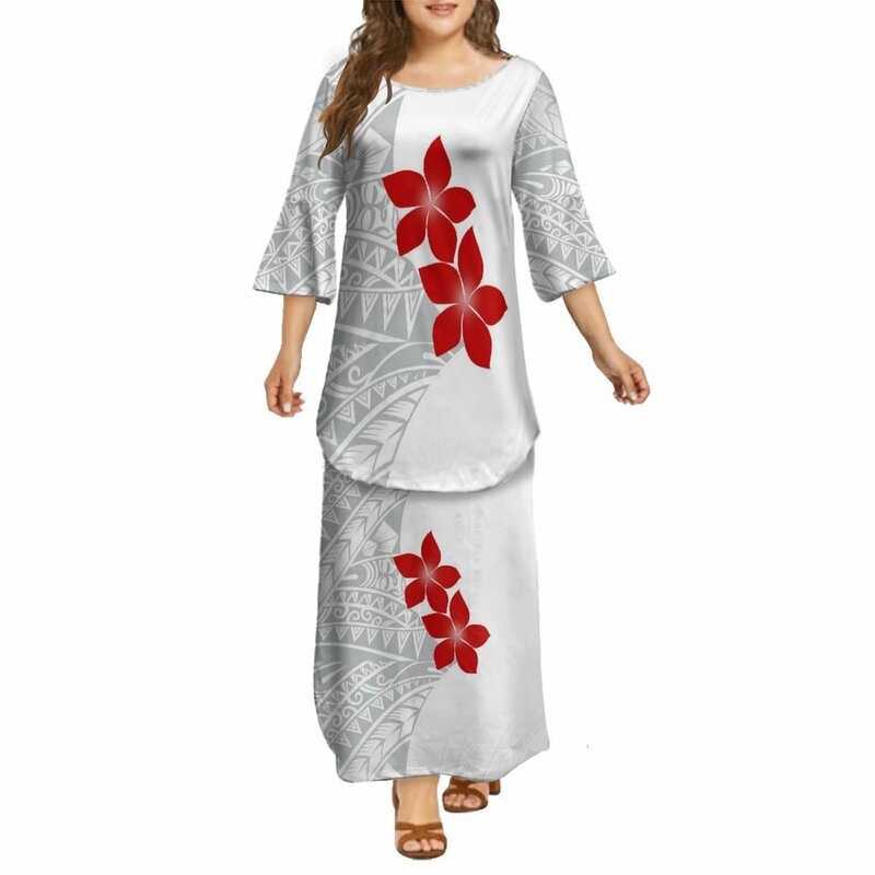 Conjunto de vestido de dupla camada de manga comprida para mulheres, destaque étnico, tribo polinésia, personalizado, 2024