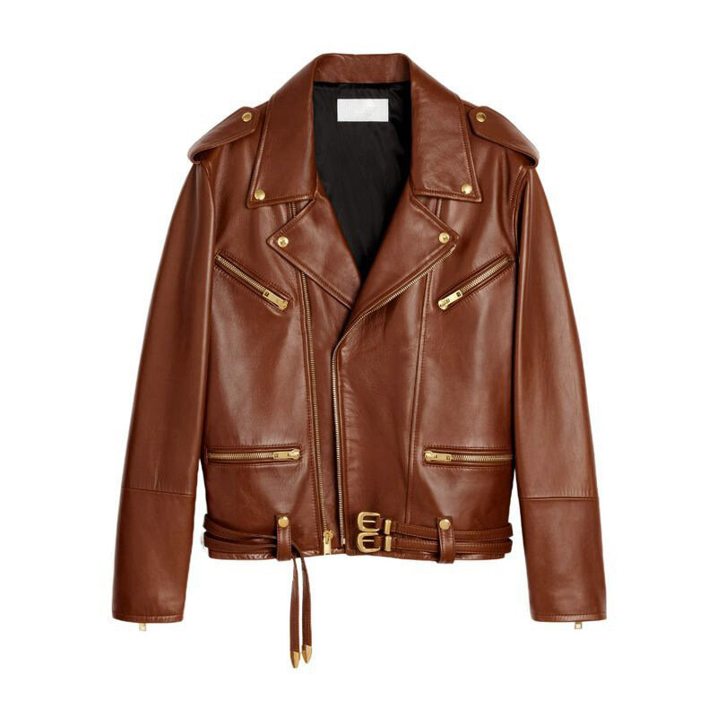 Casaco de couro genuíno feminino, estilo motocicleta, design de botões, jaqueta de pele de carneiro feminina, outono e inverno