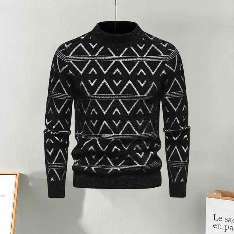 Men Knitting Sweater Men's Geometric Pattern Knit Sweater Soft Warm O-neck Pullover for Autumn Winter Fashion Ribbed Cuff