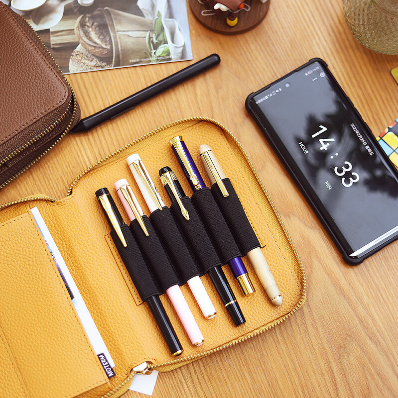 Moterm Genuine Leather Zippered Pen Pouch with 6 Pen Slots and a Snap Fastener Pocket Fountain Pen Case Marker Pen Holder