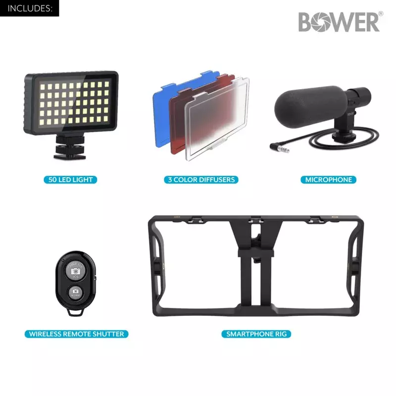 Bower ultimate vlogger pro zestaw z platformą do smartfona, mikrofonem HD, 50 lampkami LED, 3 dyfuzory/filtry i pilotem migawki