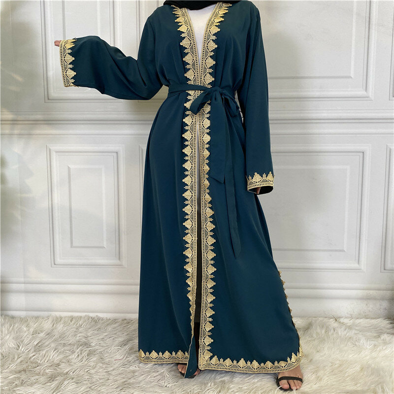 Cárdigan bordado musulmán para las cuatro estaciones, bata árabe, Color sólido, vestido de empalme