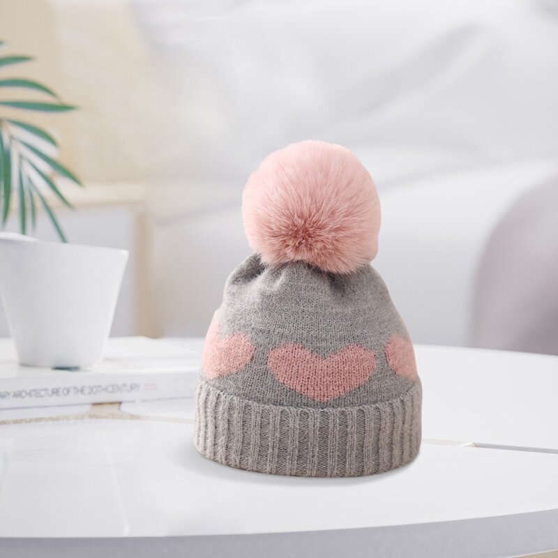 Topi kupluk bayi perempuan, tutup kepala hangat Pom rajut pola hati untuk balita baru lahir, musim dingin