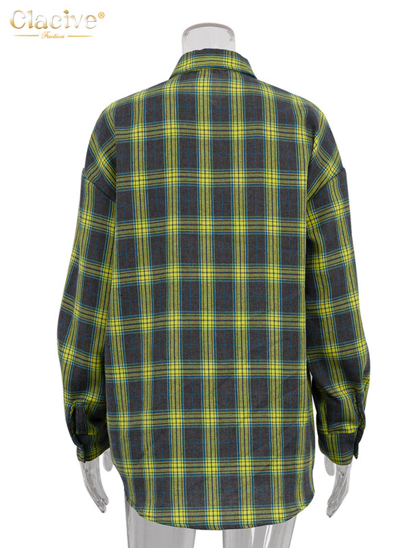 Clacive-Camisa xadrez solta vintage para mulheres, manga comprida, lapela, blusas de senhora do escritório, tops, roupas femininas, moda, 2023