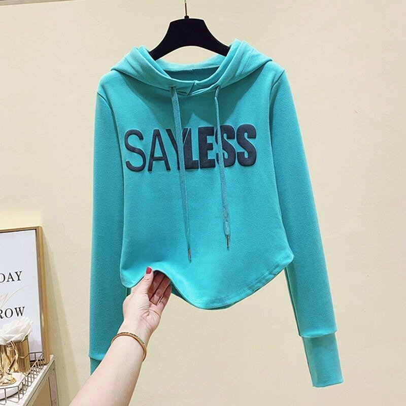 Women's Spring Autumn Thin Hooded Hoodies Letter Printing Solid Pullovers Female High Waist Short Drawstring Sweatshirts