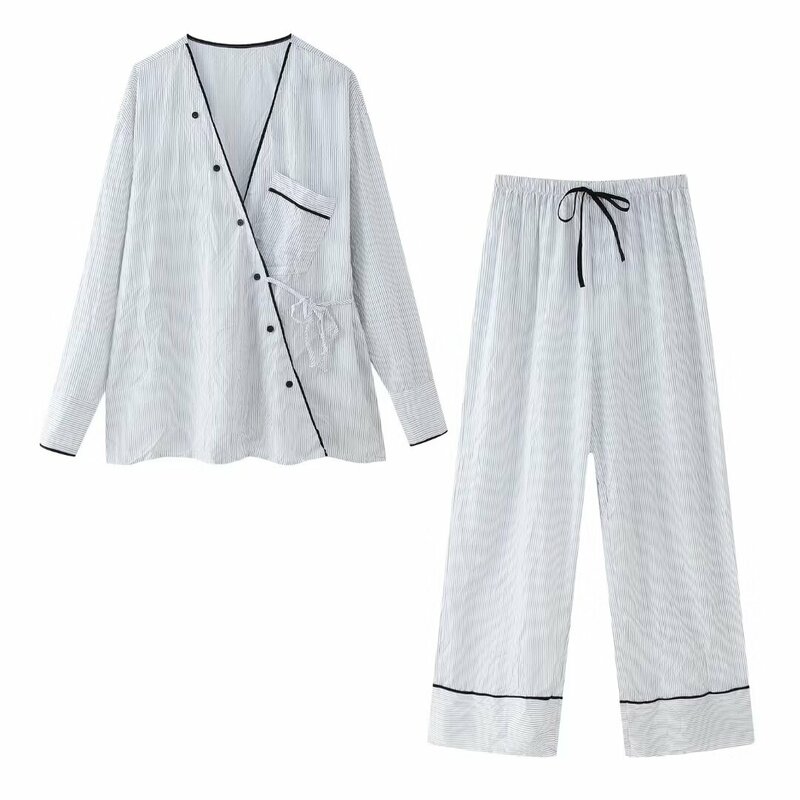 Camisa feminina com decote em v listrado, manga comprida retrô, botão para cima, top chique feminino, estilo quimono solto, decoração de bolso, nova moda