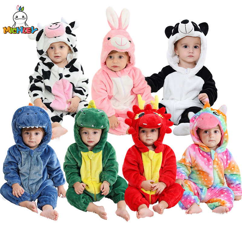 MICHLEY Halloween Baby Rompers Winter Hooded Flannel Toddler Infant Clothes Overall Bodysuits Jumpsuit Costume For Kid Bebe