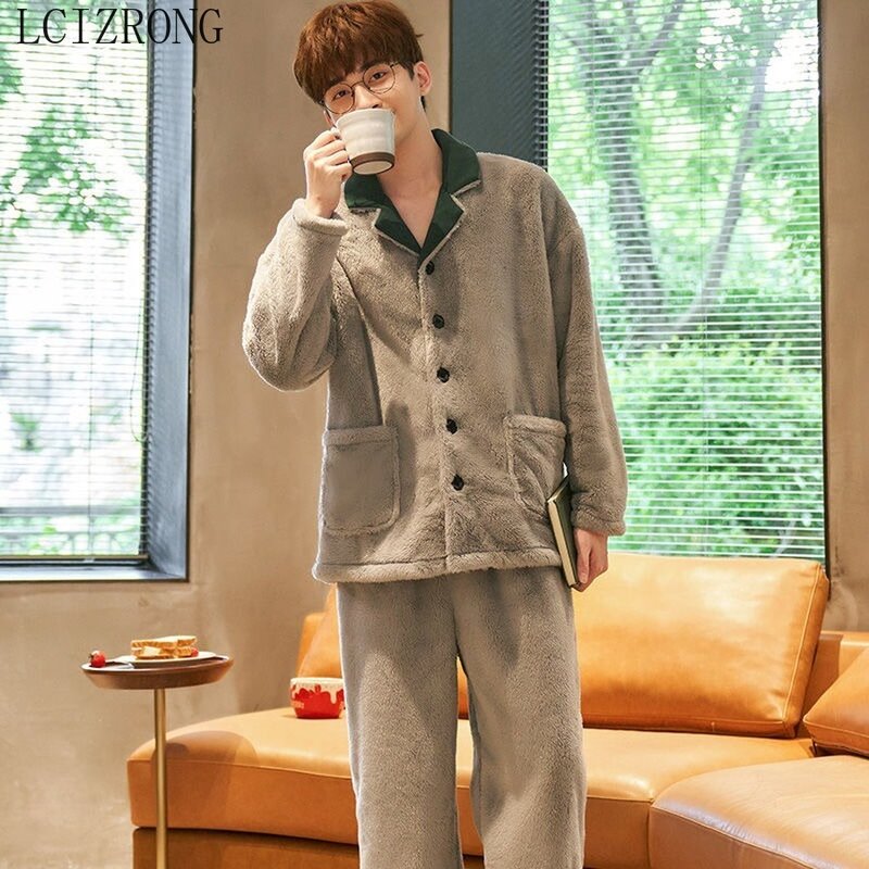 Terno de camisola longa espessada de luxo masculino, conjunto de calças e flanela, pijama quente para quarto masculino tamanho grande, 3XL, outono inverno