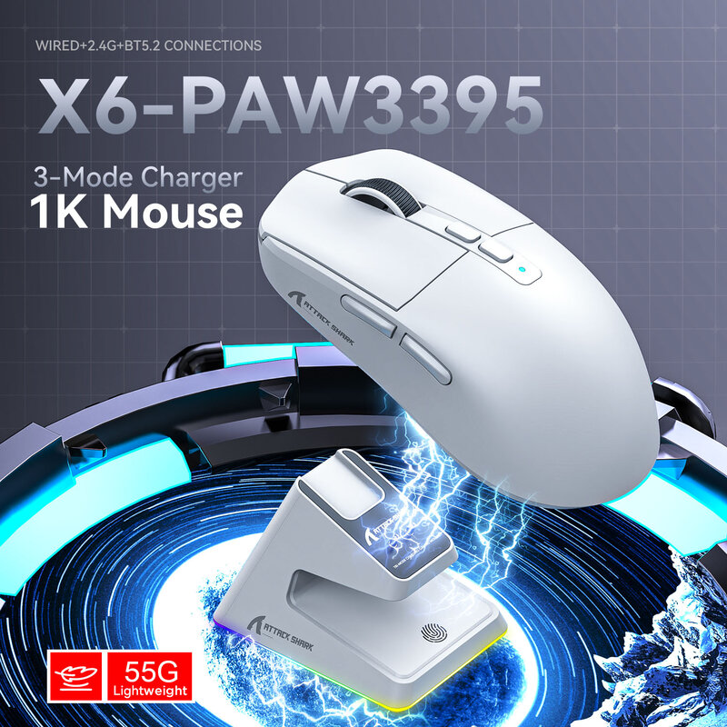 Bluetooth-мышь Attack Shark X6 PAW3395, трехрежимное соединение, RGB сенсорная Магнитная Зарядная база, макро игровая мышь