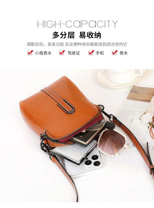 Summer Phone Bag Women's Oil Wax Cowhide Leather Crossbody Bag Fashionable and Casual Shoulder Bagladies' Small Shell Purse