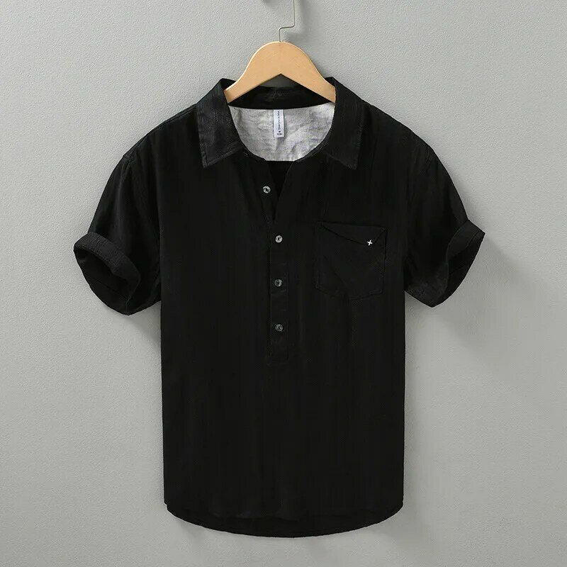 Summer Breathable Short Sleeve Men's Shirts Daily Casual 45%cotton 55% Ramie Shirts Lapel Pocket Jacquard Striped Pullover Shirt