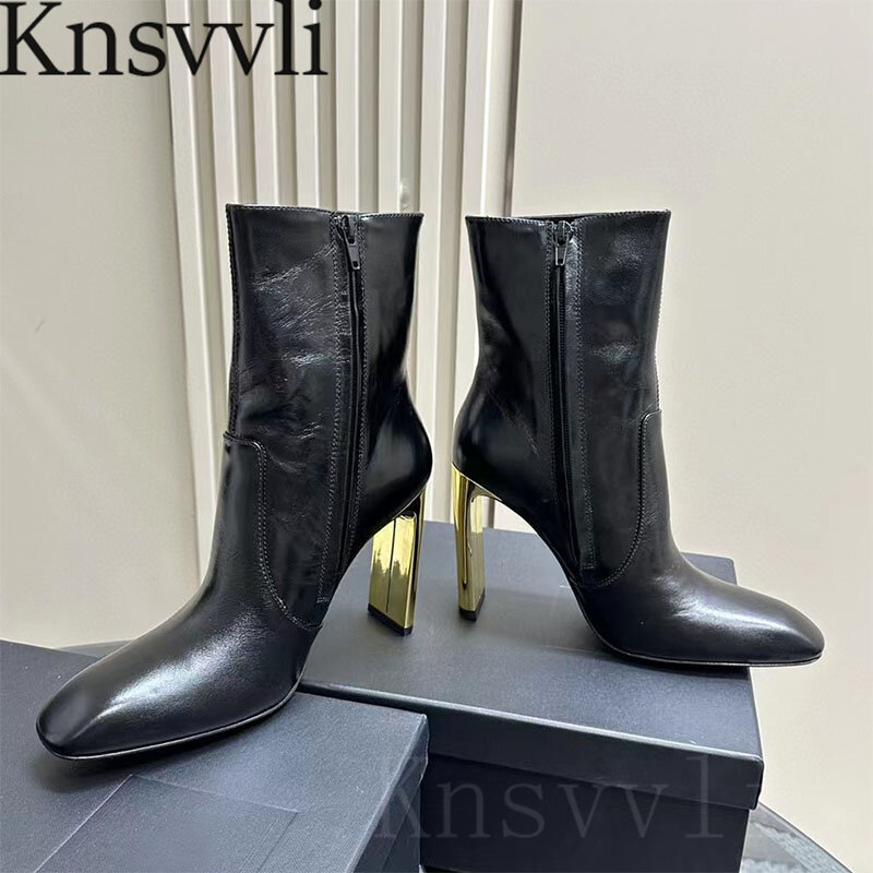 Sexy High Heels Ankle Boots Women Genuine Leather Runway Shoes Women Round Toe Gold Heels Short Boots Woman Botas De Mujer
