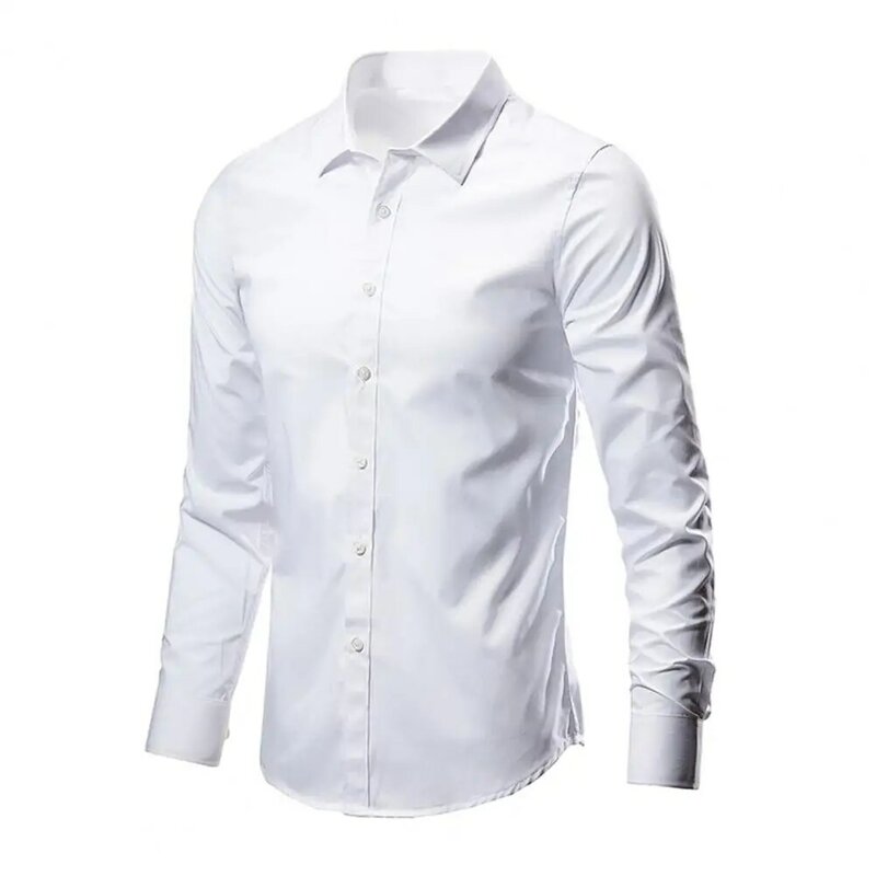 Camisa de poliéster elástico slim fit masculina, camisa de negócios, gola virada para baixo, mangas compridas, design monocromático, mais