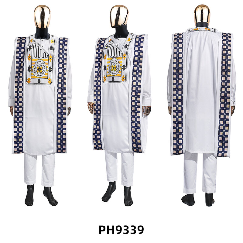 H & D-ropa africana tradicional para hombres, bordado Original Bazin, blanco, conjunto de 3 piezas, boda, fiesta, ocasión