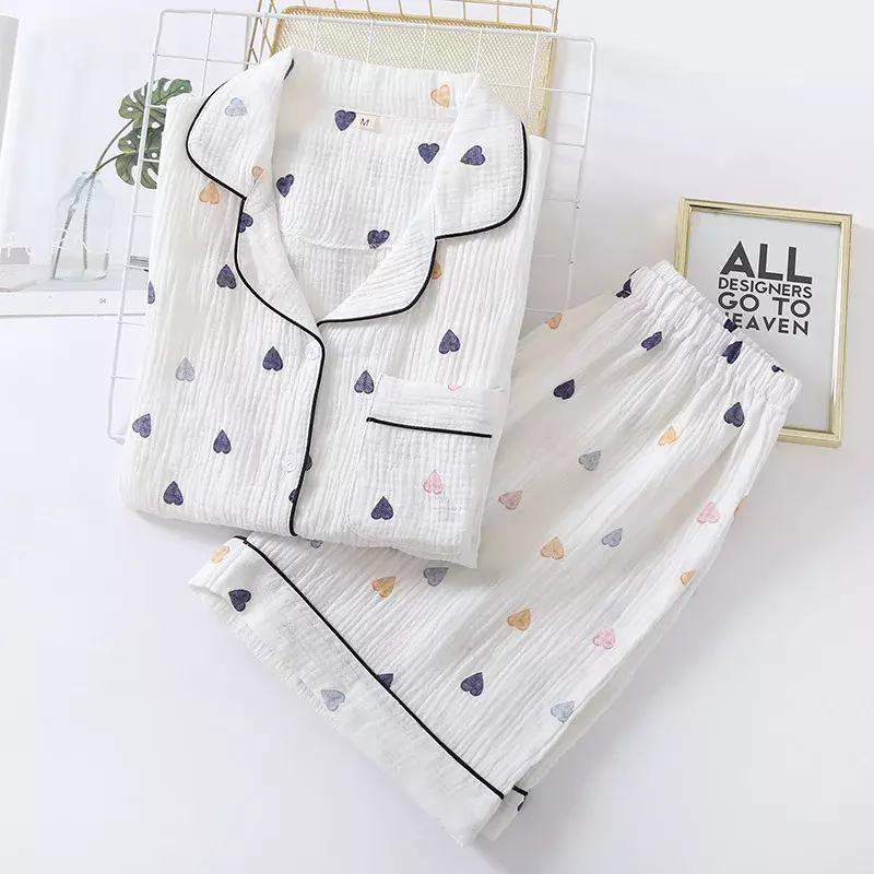 New Women's Pajamas Set Heart Printed Crepe Cotton Double-layer Gauze Turn-down Collar Ladies Long-sleeve Trouser Household Wear