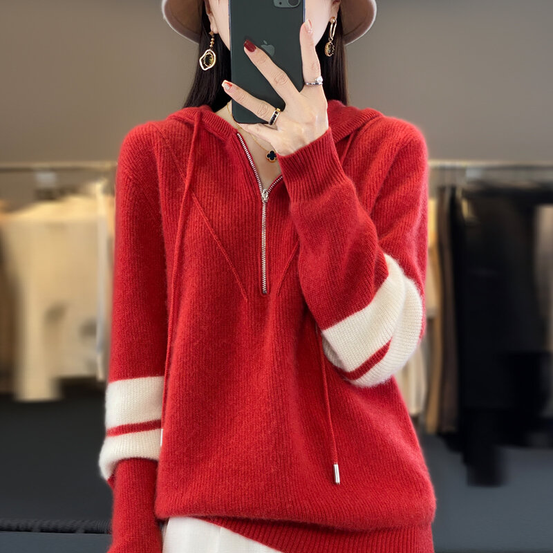 Autumn and winter new hooded zipper thickened 100% wool sweater women's casual color matching fashion knitted contrast sweater