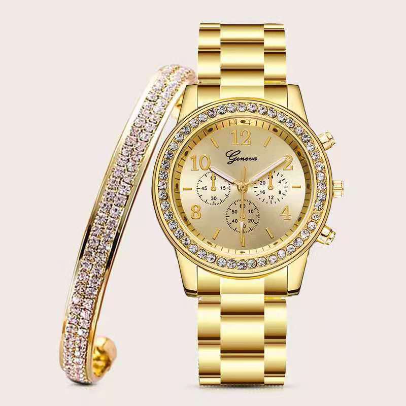 Frauen Uhr + Armreif für Frauen Armband Frauen Kristall Luxus Einfache Diamant Gold Uhr Set Schmuck 2 teile/satz Uhren Para mujer