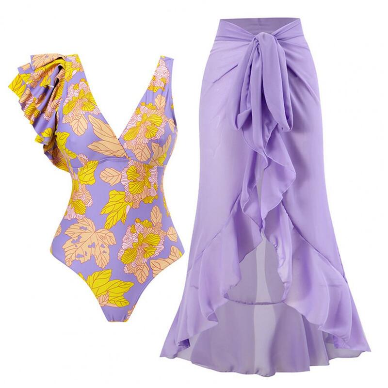 Conjunto de maiô floral de peça única elegante para mulheres, saia de chiffon para encobrir, monokini com decote em v feminino, biquíni de praia