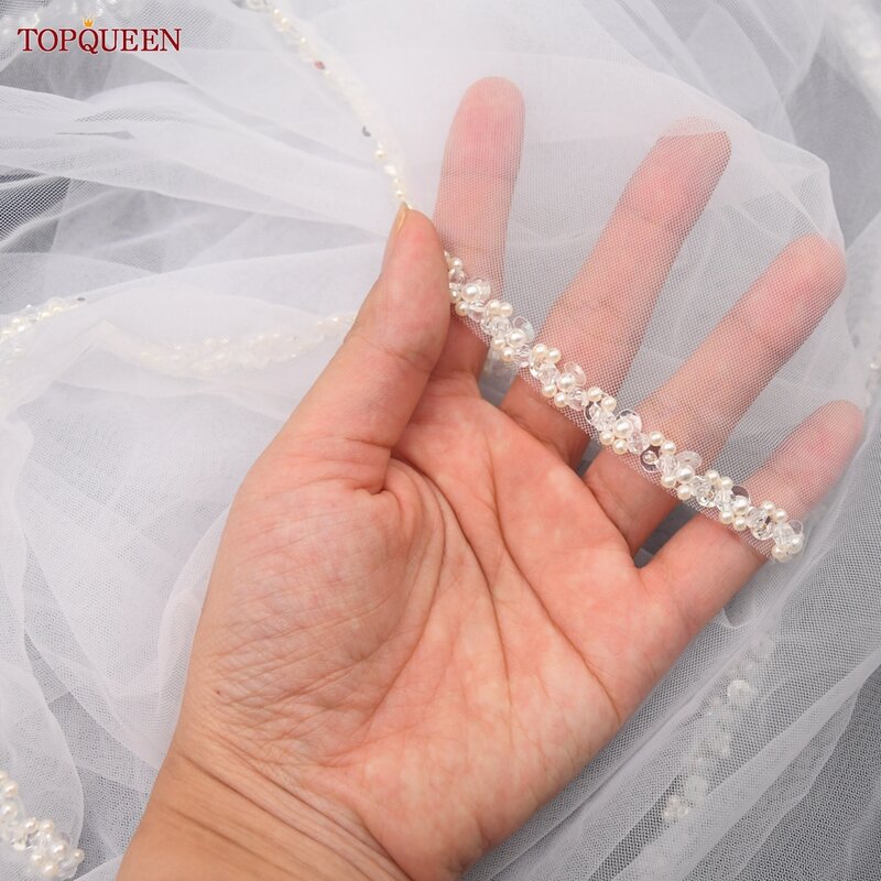TOPQUEEN V128 veli da sposa velo da sposa con perline di cristallo con bordo in cristalli veli da sposa delicati per la sposa stile lungo