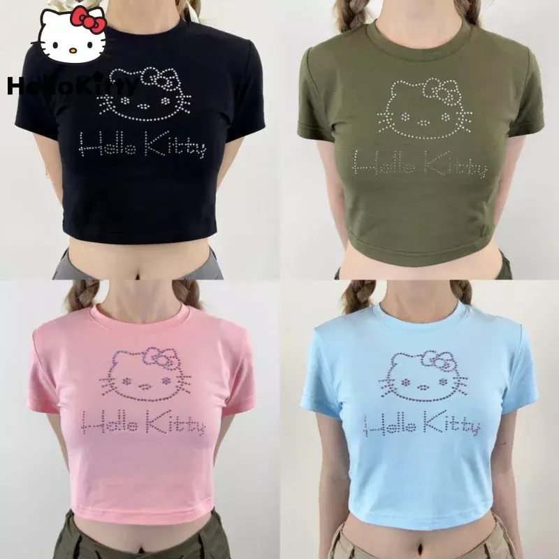 Sanrio Hello Kitty Rhinestone urocza koszulka z krótkim rękawem dla kobiet Y2k lato Slim różowa krótkie bluzki słodka dziewczyna t-shirt koszulki z krótkim rękawem