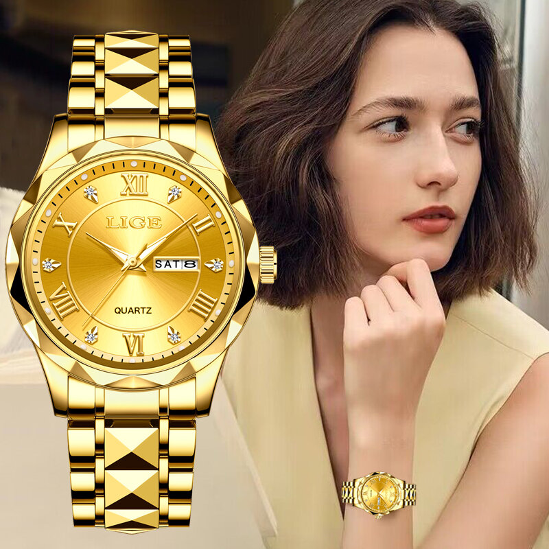 LIGE jam tangan bercahaya wanita, arloji gaun Stainless Steel Quartz tanggal emas tahan air + kotak