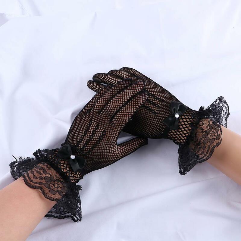 Koreańskie nowe seksowne koronkowe rękawiczki damskie eleganckie rękawiczki z wydrążonymi kabaretkami oddychające kokardki kryształowe rękawiczki do jazdy anty-uv