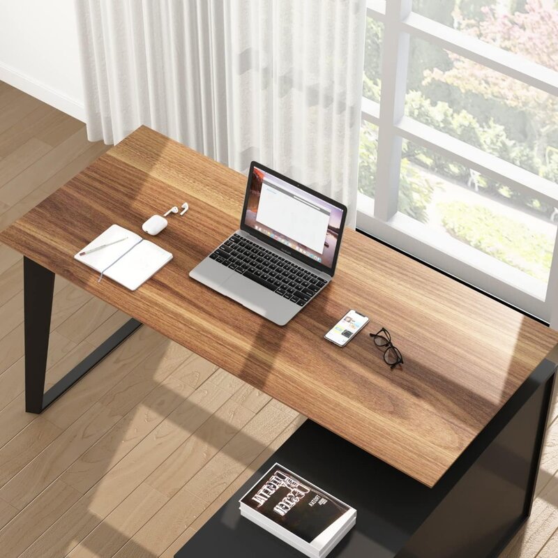 Escritório Desktop Corner Desk, em forma de L Escrita Mesas, Estudo Mesas, 3 Gavetas, 2 Prateleiras e 2 Portas, 55 "Grande